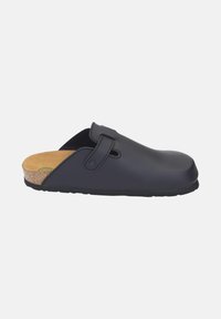 Black clogs with a smooth exterior, a cork footbed, and a slip-on design. Features a rounded toe and a side strap for adjustment.