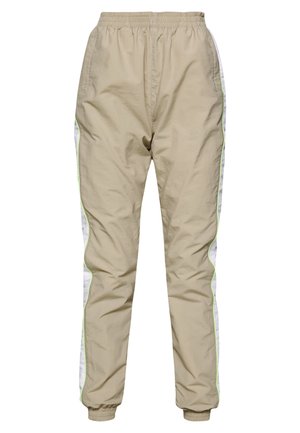 Pantaloni de trening ușori bej, cu talie elastică, panouri laterale albe și detalii neon verzi; manșete elastice la glezne.