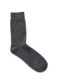 Dunkelgraue Crew-Socke aus glattem Strickstoff. Enganliegender Bund oben, mit nahtloser Zehenpartie und leicht verstärkter Ferse.