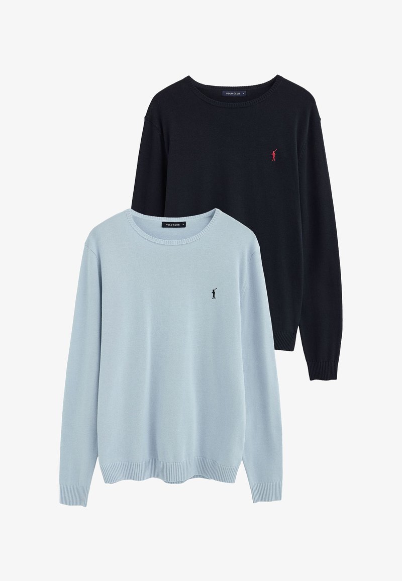 To langærmede crewneck-trøjer, en lyseblå og en sort, hver med et lille broderet polo-spiller logo på brystet.