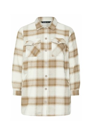 Camicia a maniche lunghe a quadri beige e bianca, con chiusura a bottoni, due tasche sul petto e un design del colletto classico. Il tessuto sembra morbido.