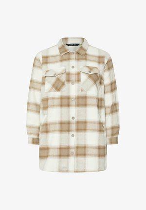 Long-sleeve plaid shirt in beige and white, featuring a button-up front, two chest pockets, and a classic collar design. Fabric appears soft.