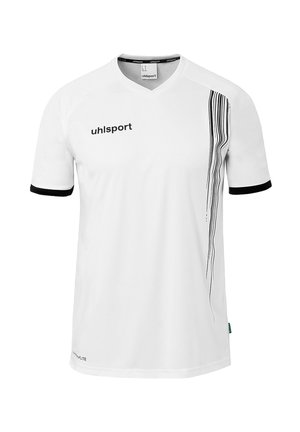 Wit sportshirt met korte mouwen, zwarte afwerking aan de mouwen, verticale zwarte streep aan de rechterkant en het "uhlsport" logo op de linkerborst.