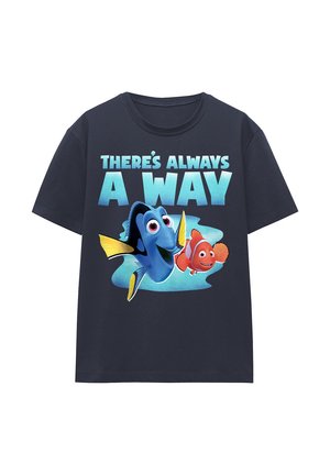 Navy cotton t-shirt featuring blue fish character and orange clownfish, with text "THERE'S ALWAYS A WAY" in bold light blue letters.