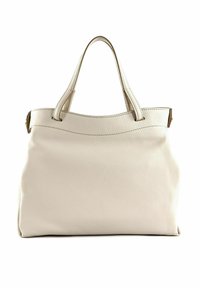 Borsa tote in pelle beige chiaro con superficie testurizzata, doppi manici e design strutturato. Presenta una parte superiorecurva e dettagli di cucitura sottili.