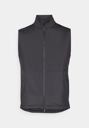 Black sleeveless vest with high collar and front zip, made from lightweight, smooth fabric; features an elastic hem and minimalist design.