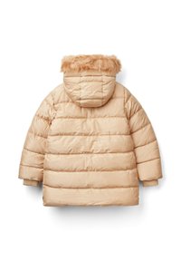 Béžová péřová bunda s kapucí podšitou kožešinou, s prošívaným designem, manžetami na rukávech a hladkým povrchem. Pouze pohled zezadu.