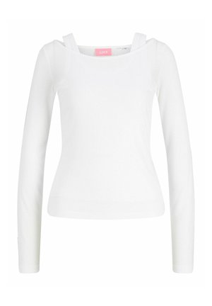 Hvit langermet ribbestrikket topp med firkantet utringning og doble skulderstropper, kroppsnær passform.