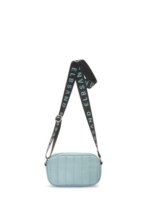 Light blue rectangular crossbody bag with vertical stitching and adjustable black strap featuring repeated white text.
