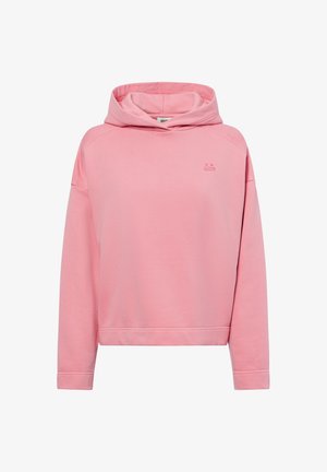 Pink long-sleeve hoodie with dropped shoulders and small embroidered sad face logo on the chest, displayed against a white background.