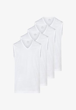 Cztery białe, bezrękawnikowe podkoszulki z dekoltem w serek ułożone w stos, gładki wzór, miękka tkanina, widoczna metka marki wewnątrz dekoltu.