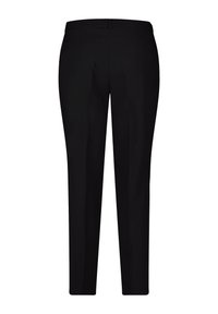 Čierne nohavice s rovnými nohavicami, s zadnými vreckami a hladkou textúrou. Žiadne viditeľné vzory ani ozdoby.