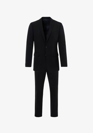 Schwarzer Anzug mit einem Zweiknopf-Jacket, Reverskragen und flachen Vorderhosen. Glattes Gewebe mit einem klassischen, maßgeschneiderten Schnitt.