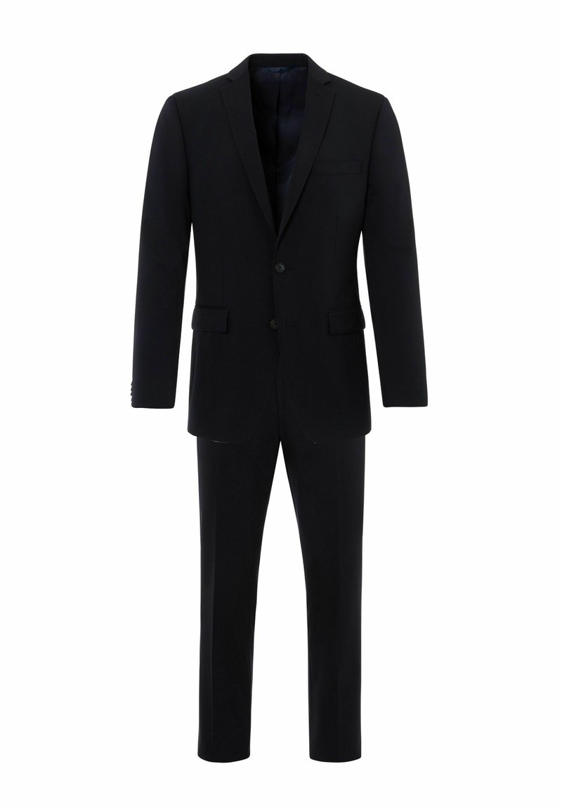 Zwarte kostuums met een colbert met twee knopen, notch revers en rechte pantalon. Glad stof met een klassieke, getailleerde pasvorm.