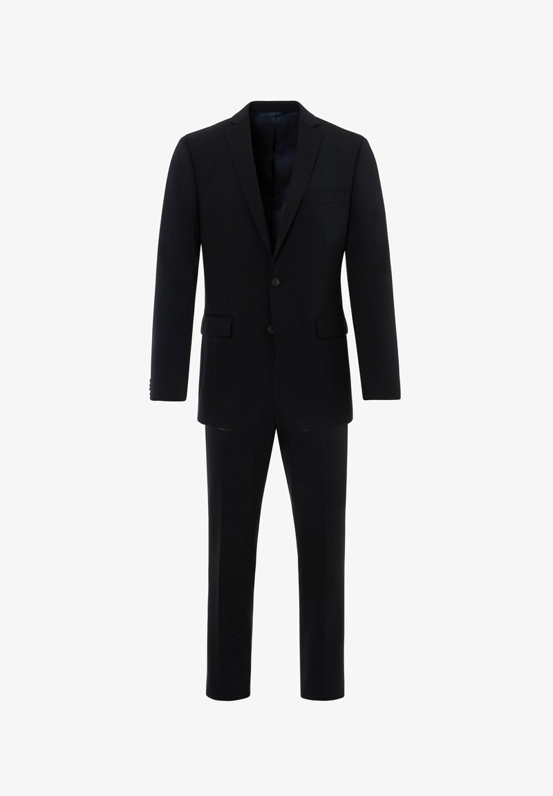 Zwarte kostuums met een colbert met twee knopen, notch revers en rechte pantalon. Glad stof met een klassieke, getailleerde pasvorm.