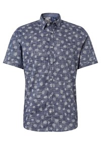 Camicia a maniche corte con bottoni di colore blu navy, con un motivo testurizzato di piccole foglie bianche, dotata di colletto e cinque bottoni sulla parte frontale.