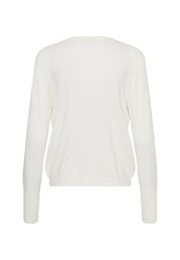 Pull blanc en tricot à manches longues avec un motif discret en losanges, vu de dos sur un fond uni.