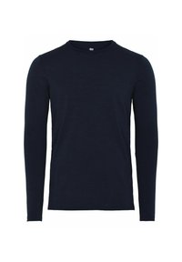 Marine langærmet T-shirt lavet af blød bomuld med rund hals, tætsiddende ærmer og en glat tekstur uden mønstre eller accenter.
