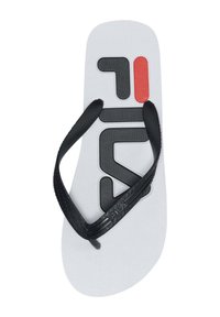 Hvid flip-flop med sorte gummistropper og tekstureret sål, med et stort sort logo og rød accent på fodsengen.