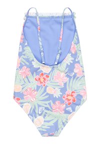 Blommig baddräkt med en blå bakgrund, färgglada hibiskus- och ananasmönster, justerbara remmar och strukturerad tyg.