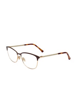 Occhiali con montatura cat-eye marrone scuro, dettagli in metallo dorato, aste dorate testurizzate e terminali con motivo tartarugato.
