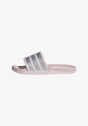 Light pink slide sandal with three silver stripes on the strap and textured footbed labeled "CLOUDFOAM" on the sole.