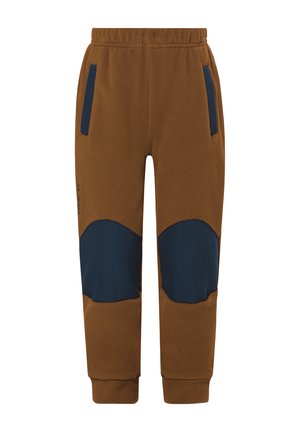 Pantaloni jogger in pile marrone con toppe blu navy sulle ginocchia, vita elastica, tasche laterali e polsini alle caviglie.