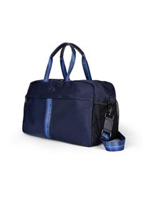 Námorně modrá nylonová sportovní taška s dvojitými uchy a nastavitelným ramenním popruhem, která má přední zipovou kapsu a síťovanou boční panel.