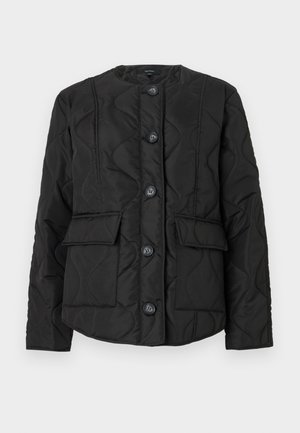 Black quilted jacket with a round neckline, featuring six buttons, two front pockets, and textured stitching patterns. Smooth fabric finish.