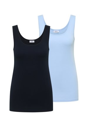 Deux débardeurs sans manches à encolure dégagée, un noir devant et un bleu clair derrière, tous deux étiquetés avec la marque "CECIL".