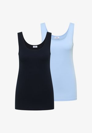 Deux débardeurs sans manches à encolure dégagée, un noir devant et un bleu clair derrière, tous deux étiquetés avec la marque "CECIL".