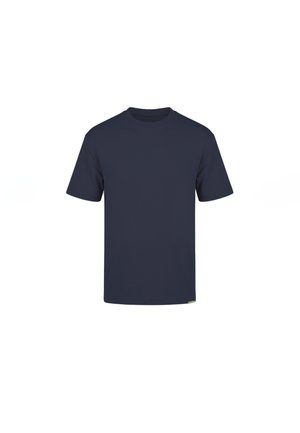 Marineblaue T-Shirt mit kurzen Ärmeln und rundem Ausschnitt, dargestellt vor weißem Hintergrund.