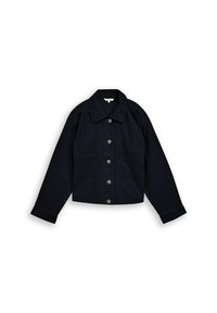Marineblauwe denimjack met een kraag, sluiting met knopen aan de voorkant, twee grote voorzakken en lange mouwen met manchetten.