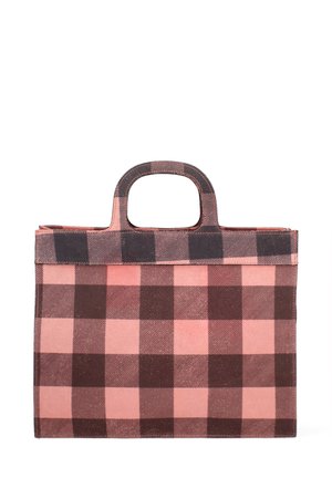 Sac fourre-tout à carreaux marron et rose en tissu, doté de deux poignées courtes et d'une forme structurée, avec des détails de couture visibles.