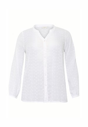 White long-sleeve shirt with a V-neck, button front, and embroidered eyelet pattern, made from lightweight fabric.