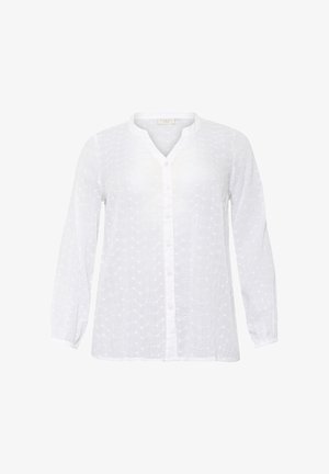 Bela majica z dolgimi rokavi z V-izrezom, gumbom spredaj in vezenim vzorcem iz oči, izdelana iz lahkega materiala.