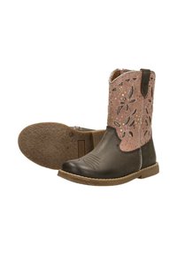 Brown and pink cowboy boots made of leather, featuring floral cutouts, stitching details, and a textured rubber sole.