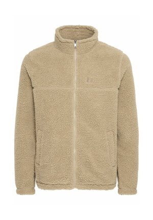 Béžová fleecová bunda so zipsom vpredu, vysokým golierom, dvoma prednými vreckami a diskrétnym logom na hrudi. Jemný, štruktúrovaný povrch.