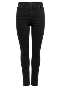 Jeans skinny negros de talle alto fabricados en denim, con un diseño de cinco bolsillos, cierre de botón y detalles de costura sutiles.