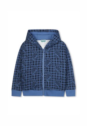 Dunkelblaues Kapuzen-Sweatshirt mit Reißverschluss, das ein kariertes Muster und florale Akzente aufweist. Hergestellt aus weichem Stoff mit gerippten Bündchen und Saum.