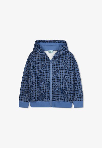 Sweat à capuche zippé en bleu foncé avec un motif à carreaux et des accents floraux. Fabriqué en tissu doux avec des poignets et un ourlet côtelés.