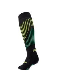 Schwarze kniehohe Socke mit vertikalen grünen und gelben Streifen, strukturiertem Muster und gepolstertem Fuß für Komfort.
