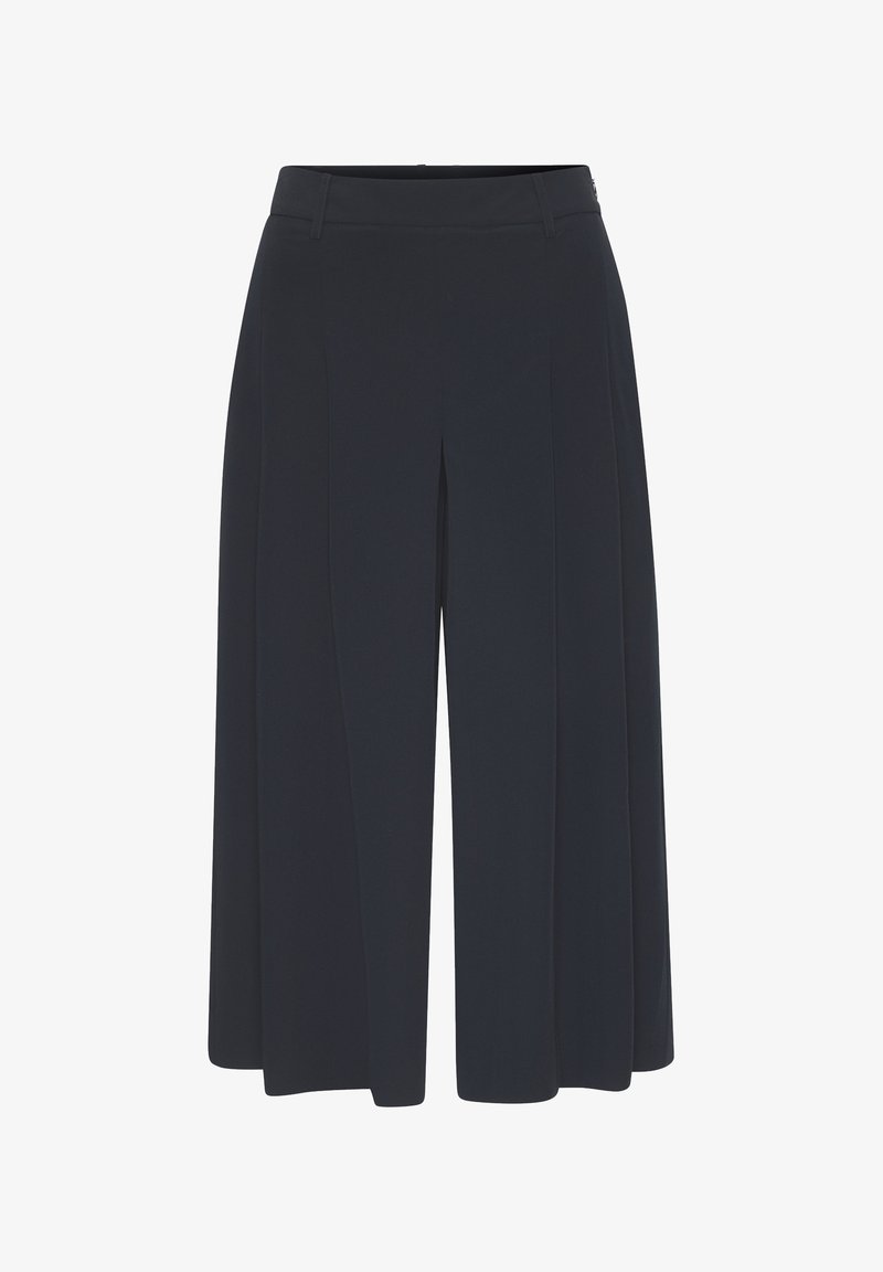 Black wide-leg trousers with a smooth texture and pleated front design. Features a flat waistband and no visible hardware.