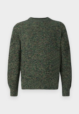 Pull en tricot noir et vert foncé, marbré, avec des manches longues et un col rond côtelé, des poignets et une base côtelés.