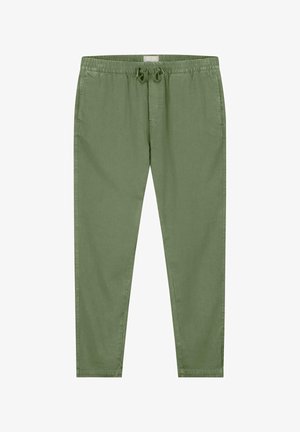 Grüne, leichte Baumwollmischhose mit elastischem Bund, Kordelzug und schmal zulaufenden Beinen. Verfügt über seitliche Taschen und eine glatte Textur.