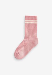 Calzino rigato rosa chiaro con strisce orizzontali bianche sulla parte superiore; texture morbida e design classico alla caviglia.
