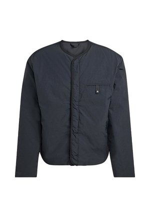 Tamno siva jakna dugih rukava s okruglim izrezom, prednji džep s dugmetom na prsima i podstavljenom teksturom, prikazana na bijeloj pozadini.