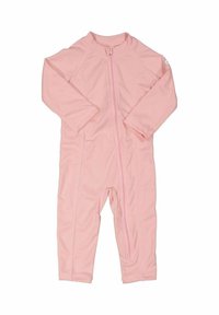 Ljusrosa one-piece dräkt med lång ärm, dragkedja fram och textilstruktur, designad för komfort och lätt att bära.