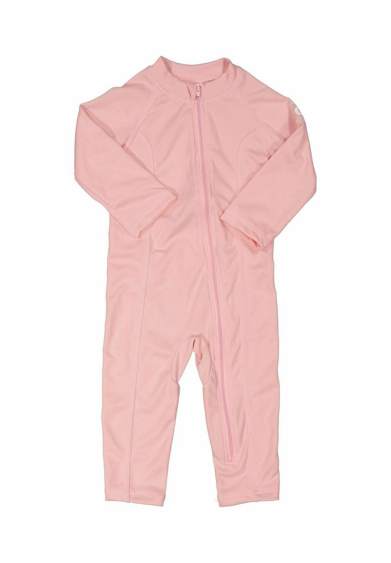 Ljusrosa one-piece dräkt med lång ärm, dragkedja fram och textilstruktur, designad för komfort och lätt att bära.