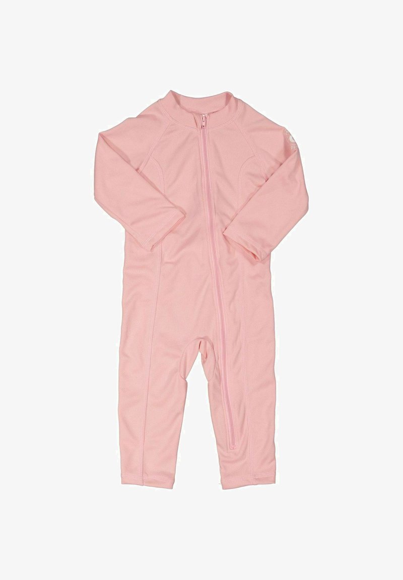 Ljusrosa one-piece dräkt med lång ärm, dragkedja fram och textilstruktur, designad för komfort och lätt att bära.